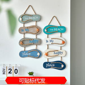 Mediterranean Wooden <b>Wall</b> Sign 4Pcs Slippers Shape Home Decoration Distressed Design With Rope And Shell <b>Decor</b> - Product Image 5