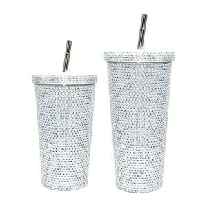 Gobelet isotherme personnalisé en acier inoxydable de 500 ml et 750 ml, avec strass effet diamant, couvercle et paille, idéal pour la gym - Product Image 1