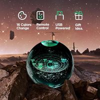 Lampe de nuit en forme de boule de cristal du système solaire avec base en bois ronde, lampe LED, pendentif en cristal K9, lampe lumineuse réglable USB