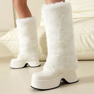 Women High Wedge Heels Plush Fur Long Booties on Fluffy Knee High <b>Boots</b> Winter Thick Furry Snow Shoes - Product Image 2