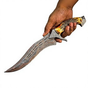 DIY Outdoor Hunting Tool Stainless Damascus Steel <b>Knives</b> With Stag Horn <b>Handle</b> Fine Leather Sheath Stag <b>Handle</b> Knifes - Product Image 1