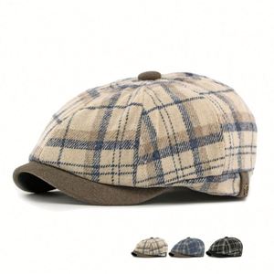 Winter Warm <b>Hat</b> Men's Women's Octagonal Cap British Vintage Striped Plaid Newsboy <b>Hat</b> with Fleece Lining - Product Image 1