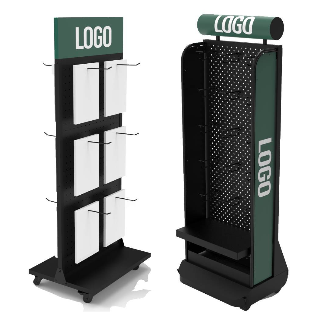 Apache Custom Rolling Metal Pegboard Tool Display Racks for Supermarkets, Hardware Retail Stores and Automotive Showrooms
