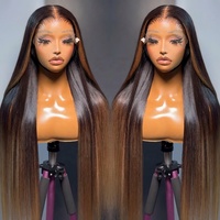 Perruques sans colle prêtes à porter, cheveux humains vierges vietnamiens lisses, 100% cheveux humains, couleur ombrée, perruques frontales en dentelle HD transparente