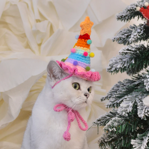 Chapeau pour animaux de compagnie au crochet fait main, motif dessin animé arc-en-ciel et étoile, bonnet doux et chaud, accessoire capillaire pour chats et chiens, idéal pour les fêtes de Noël - Product Image 4