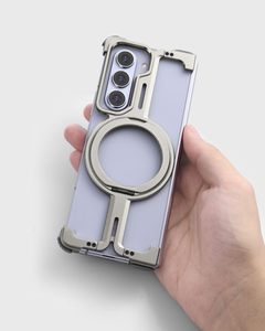 เคสสำหรับ Samsung Galaxy Z Z Fold 5พร้อมขาตั้งแม่เหล็กหมุนได้แบบเรียบง่ายกรอบโลหะกันกระแทก
