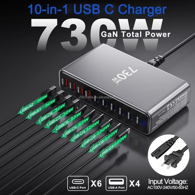 730W Multi Port 10-port USB GaN Fast Charging Desktop Charger Adapter 140W Laptop and Tablet Fast Charger