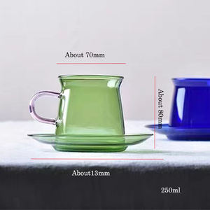 Precio barato de fábrica Nuevo diseño Juego de tazas de vidrio Taza de café de vidrio coloreado con platillo - Product Image 6