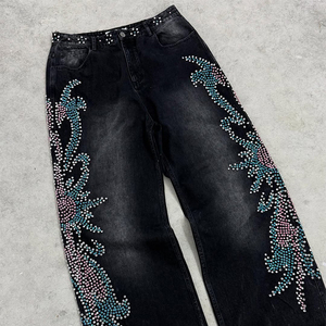 MZN Pantalon en denim unisexe surdimensionné vintage bleu délavé Hip Hop, jean évasé à jambe droite, fermeture à boutons, rivet en strass - Product Image 2