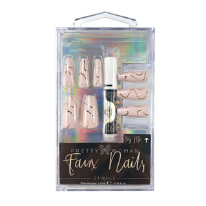 Kit Complet de 24 Faux Ongles à Presser en ABS, Forme Cercueil, Longueur Maximale, Estampage Doré, Accent Cristal Nude, pour Salon, DIY, OEM, ODM - Product Image 1