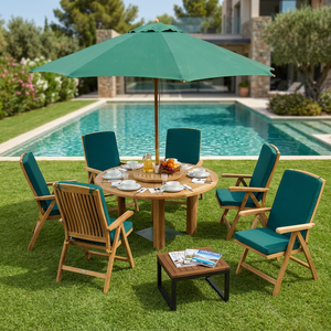 Ensemble de table à manger ronde en teck moderne avec 6 chaises inclinables, meubles d'extérieur pliables - Product Image 1