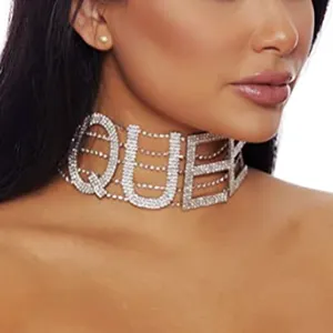 Shiny Big Rhinestone Letter Choker Necklace Women QUEEN NASTY FANCY Statement Necklaces Hip hop Jewelry