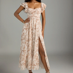 Vestido Largo Formal de Fiesta y Boda Personalizable con Cuello Cuadrado y Mangas con Volantes de Chifón Floral Elegante al por Mayor - Product Image 1