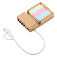 Dispositivos de Carga USB Tipo-C de Bambú Ecológicos, Hub USB Multifunción con Notas Adhesivas y Soporte para Teléfono, Artículos Promocionales
