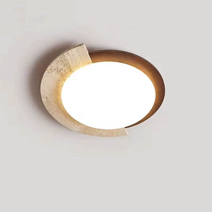Lampada da <span class=keywords><strong>soffitto</strong></span> rotonda in marmo con anello in pelle marrone e lampada da <span class=keywords><strong>terra</strong></span> in tessuto con piastra ovale in travertino - Product Image 5