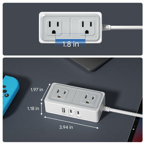 Multiprise plate 6FT/5m avec 2 ports AC et 3 ports USB pour ordinateurs portables, smartphones et tablettes - Charge rapide 1250W - Product Image 3