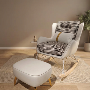 Modern Rocking Chair With Checkered Cushion White Leather Living Room Furniture Midcentury Style Ottoman Included - Product Image 3
