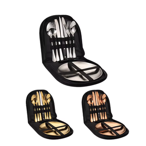 Set di utensili da campeggio per 2 persone ecologici Set di posate da campeggio in acciaio inossidabile per posate da Picnic con borsa - Product Image 1