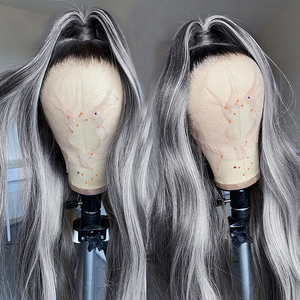 Parrucca Lunga Ondulata Nera a <span class=keywords><strong>Grigio</strong></span> Argento con Rete Frontale 13x4, 100% <span class=keywords><strong>Capelli</strong></span> Umani Vergini Brasiliani con Baby Hair per Donna - Product Image 1