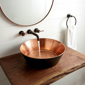 Hammered Copper Vessel <b>Sink</b> Two Tone Interior Black Exterior Rivet Rim Detail Handmade Copper <b>Bathroom</b> Wash Basin - Product Image 1