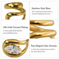 Bague ouverte en acier inoxydable avec zircone cubique en forme de poire, plaqué or 14 carats par placage sous vide, design sculptural enveloppant