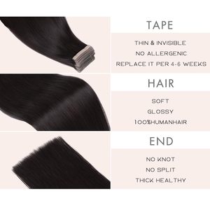 Extensions de cheveux naturels vietnamiens <span class=keywords><strong>à</strong></span> bandes adhésives invisibles, noir naturel, 20 pouces, 20 pièces, Remy lisses 1B # - Product Image 3