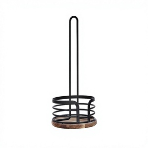 Classic Design Iron Black Color Tissue Paper Roll <b>Holder</b> With Wooden Base For Bathroom And Kitchen Standing <b>Holder</b> - Product Image 1