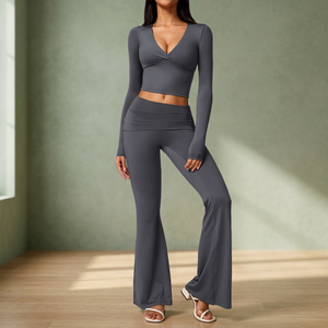 Women 2-Piece Yoga Set Deep V Neck <b>Long</b> <b>Sleeve</b> Crop <b>Top</b> High Waist Flared Pants Solid Gray Seamless <b>Stretch</b> Fitness Wear - Product Image 2
