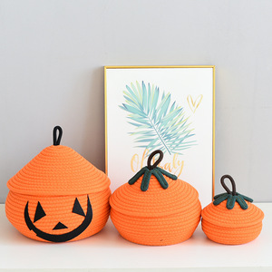 Halloween Pumpkin Storage <b>Basket</b> With Lid Cotton Rope Woven Design For Home Decor Fall Winter 2024 - Product Image 3