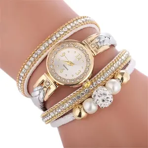 Fashion Wrap Leather Bracelet Alloy Watch With Diamond Bracelet Watch For Women