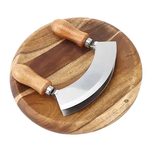 Cutting Board Rocker Knife Set Cleaver With Lid And Herb Plate Double Sided Cutter Acacia Wood Round Wooden Curved Board