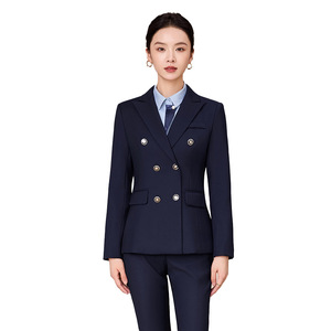Women's Dark Blue Double-Breasted Suit Set Full Sleeve Polyester Formal Work Wear Spring Autumn Anti-Wrinkle - Product Image 5