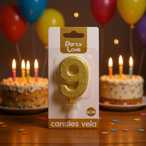 Bougie d'anniversaire en cire de paraffine non parfumée avec paillettes dorées de 6 cm pour la fête du 9 - Product Image 1