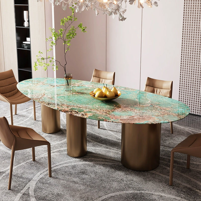 Italian Luxurious Stainless Steel Marble Design Dining Tables with Chairs  Modern Luxury Shaped Ellipse Round Dining Table Set
