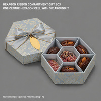 Boîte cadeau hexagonale à compartiments avec couvercle et base, nœud en satin et étiquette en feuille d'or, impression personnalisée pour les fournitures de festival
