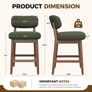 Tabourets de bar modernes avec revêtement en bouclette, structure en bois massif, design mi-siècle, hauteur de comptoir, pour bar à domicile, salle à manger, atelier - Product Image 6