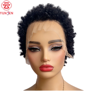 Peluca de Cabello Remy Chino 100% Virgen, con Frente de Encaje 13x4, Base Transparente sin Pegamento, Corta y Rizada para Mujeres - Product Image 1