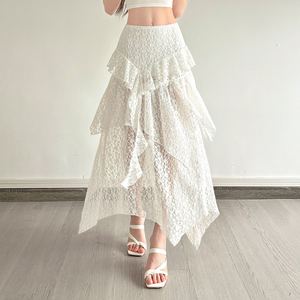Romantic Eco-Friendly Lace Ruffle Breathable Anti-Pilling Natural Waist A-Line Maxi Skirt Women <b>Flowy</b> Casual Spandex/Polyester - Product Image 5