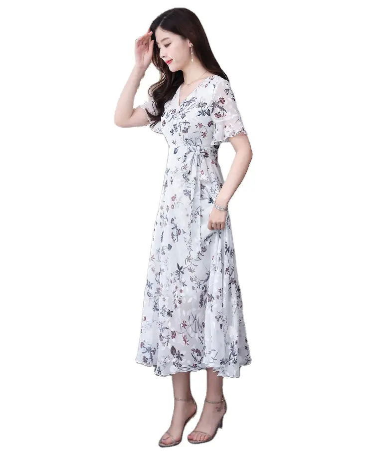 Yeni yaz yeni kadın elbise v yaka kısa kollu baskılı orta uzun tarzı zarif bel dantel kadar kayış rahat elbise