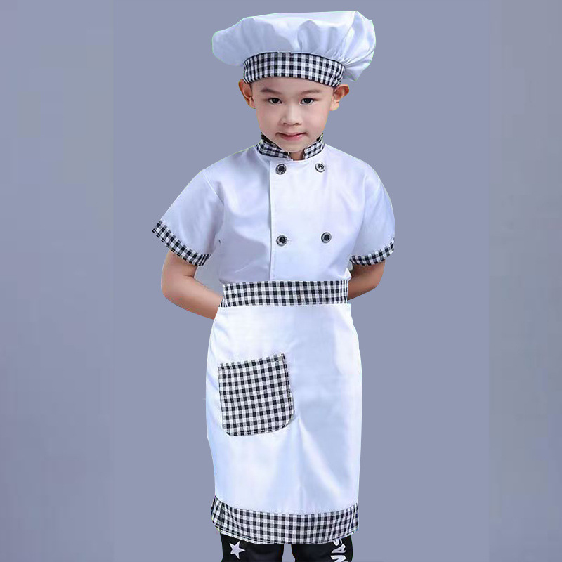 Tablier à manches courtes [noir et blanc à carreaux] +] + chapeau de chef