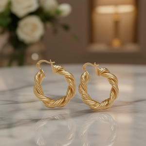 E4474 White Gold <b>Hoop</b> <b>Earrings</b> Classic Unisex <b>Fine</b> Jewelry 18K Plated Twisted Design - Product Image 2