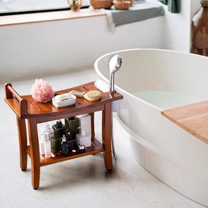 Le Rong Bamboo And Wood Teak Shower <b>Stool</b> With Storage Shelf 61X30.5X47Cm Waterproof Spa <b>Bathroom</b> Seat - Product Image 1