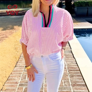 Camicia a maniche corte a righe con scollo a V e colori a contrasto, top casual da <span class=keywords><strong>donna</strong></span>, <span class=keywords><strong>blusa</strong></span> in maglia rilassata per la primavera e l'estate - Product Image 2