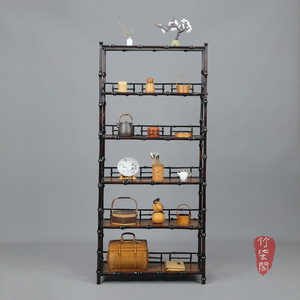 Lacquered Bamboo Bookshelf Vertical Shelf Antique Display Rack Chinese Style Study Living Room Multi Function Storage Cabinet - Product Image 2