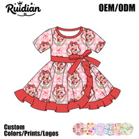 Robe de fête pour bébé fille à manches courtes, imprimé dessin animé personnalisé, en viscose de bambou tricotée, avec ourlet à volants et nœud à nouer à la taille