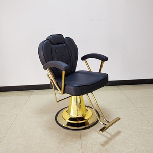 Sillón de Barbería de Cuero Sintético Negro con Base de Metal Dorado, Altura Ajustable Hidráulica, Mueble de Salón de Diseño Industrial - Product Image 1