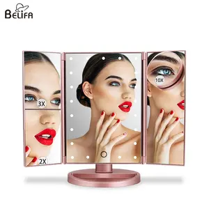 Cermin rias wajah, 1x 2x 3x 10x perbesaran lipat tiga saklar sentuh kosmetik portabel perjalanan rias wajah dengan lampu led untuk rias