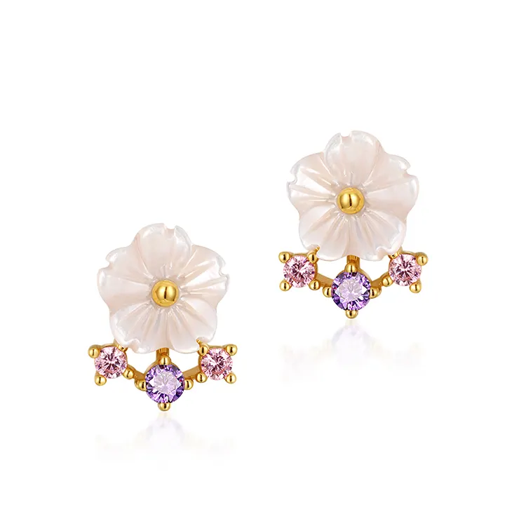 Daily Wear Jewelry Sterling S925 Silver Pink Shell Stud Earrings Yellow Gold Plating for Women