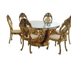 Premium Antique Teakwood Gold Round Dining <b>Table</b> Set Royal Style 6 Seater Luxury Dining Furniture - Product Image 2