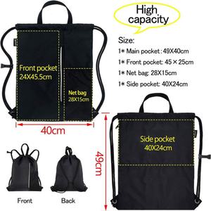 Sac à dos à cordon en nylon polyester 210D imperméable noir avec logo personnalisé et motif sérigraphié – Promotion pour équipement de sport et de gym - Product Image 3